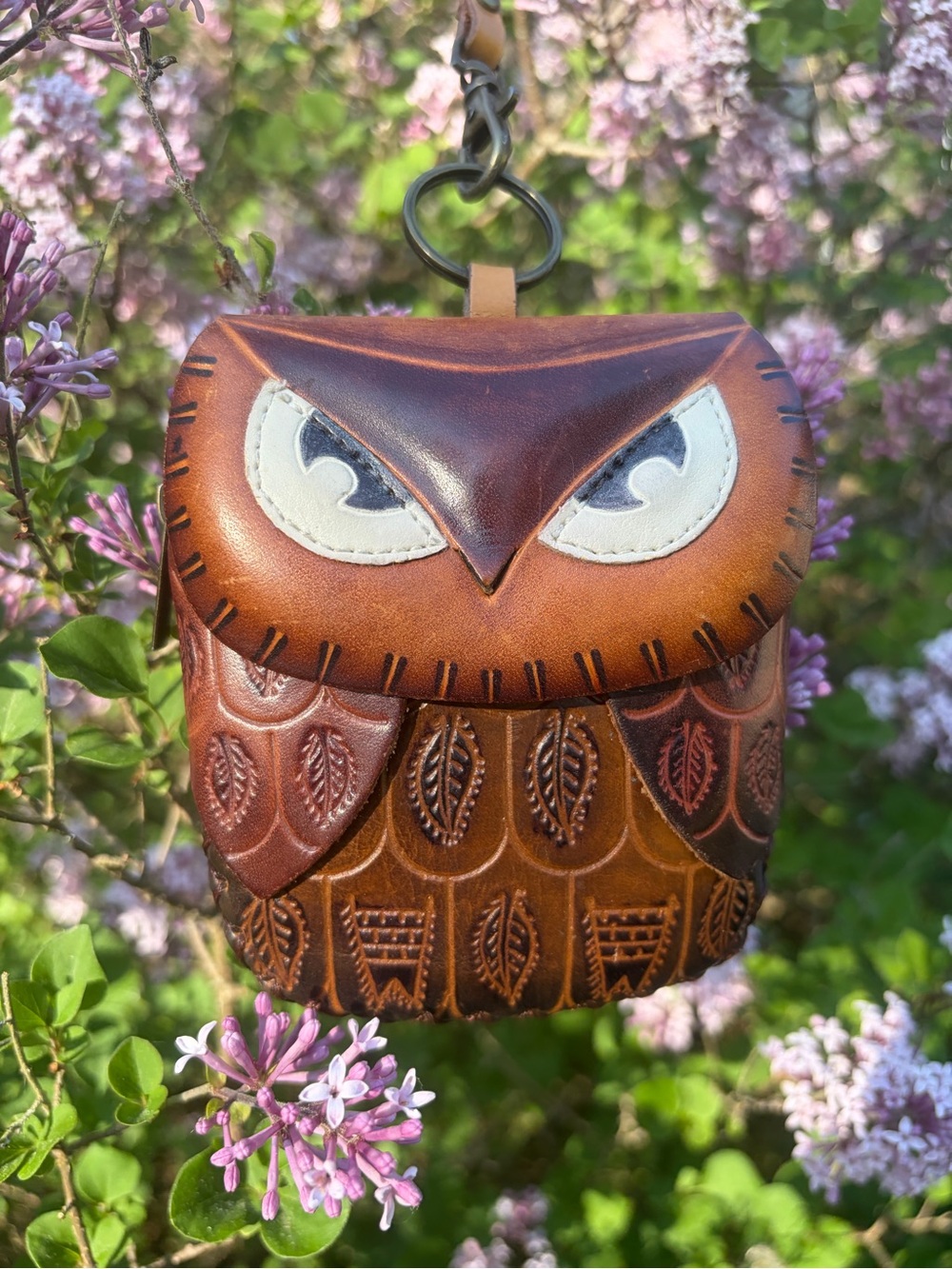 Owl Wristlet HAND-TOOLED Change Bag Leather Brown White